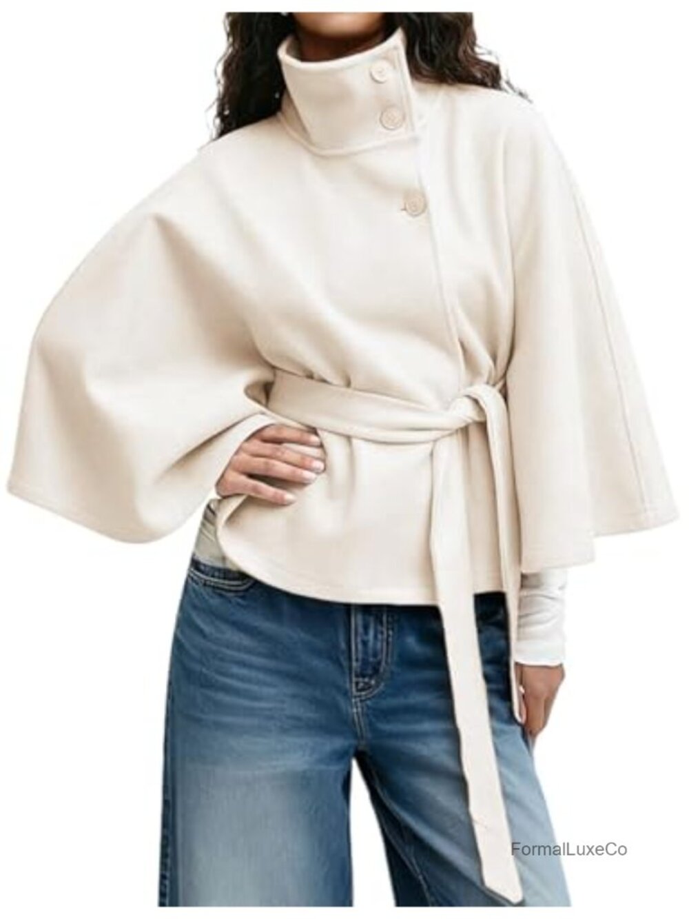 Women's Batwing Sleeve Crop Pea Coat with Belt Cape Style